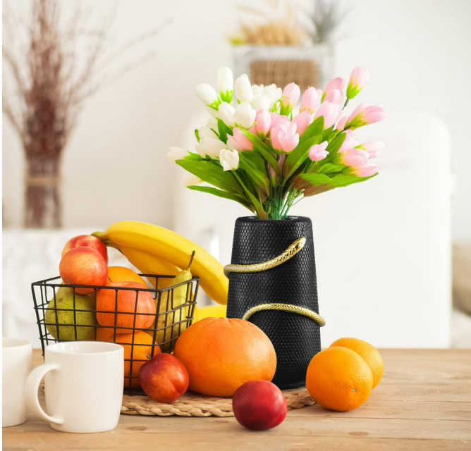 ChexLizard Black Decorative Table Vase, Snake Texture Finish with Gold Snake Detail, 8 Inch for Modern Home Decor and Centerpieces